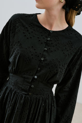 Broderie Button Dress Black