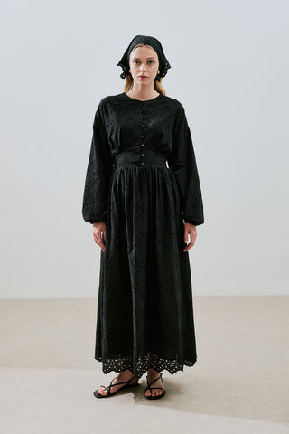 Broderie Button Dress Black