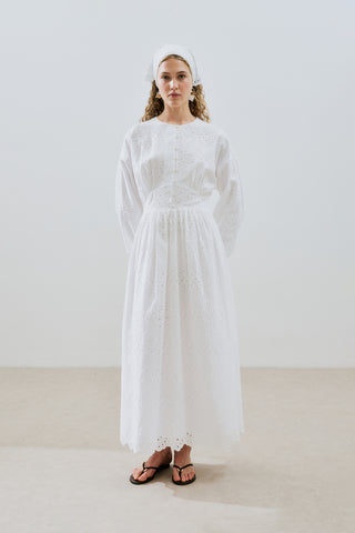 Broderie Button Dress Ecru