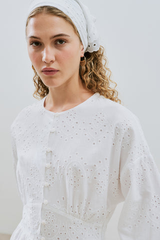 Broderie Button Dress Ecru