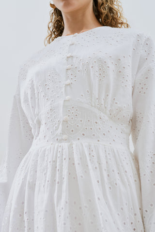 Broderie Button Dress Ecru