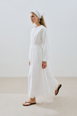 Broderie Button Dress Ecru