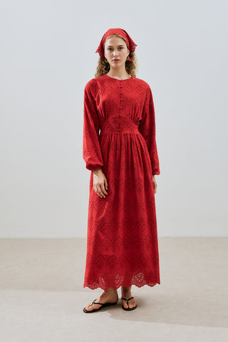 Broderie Button Dress Red