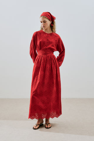 Broderie Button Dress Red