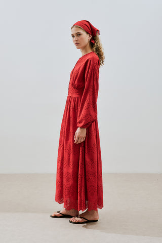 Broderie Button Dress Red