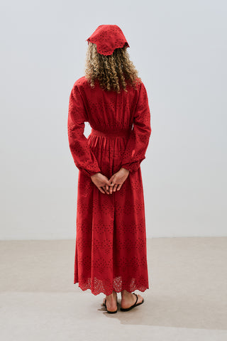 Broderie Button Dress Red