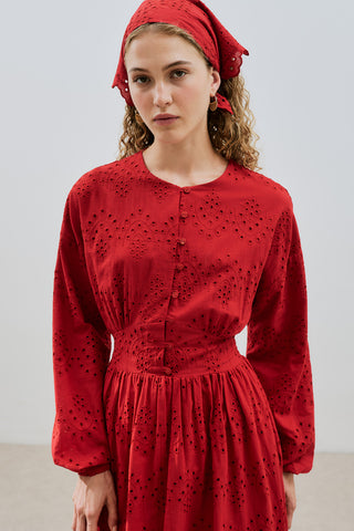 Broderie Button Dress Red