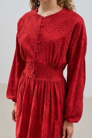 Broderie Button Dress Red