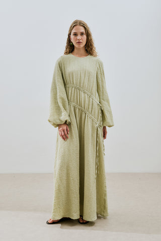 Ruched Tie Textured Dress Green