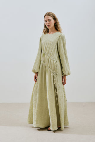 Ruched Tie Textured Dress Green