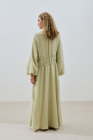 Ruched Tie Textured Dress Green