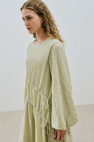 Ruched Tie Textured Dress Green