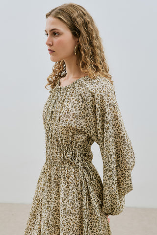 Patterned Cotton Ruched Dress Tiny Flower