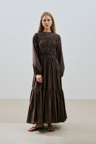 brown ruched long sleeve dress Brown Mesh Ruched Long Sleeve Midi Dress