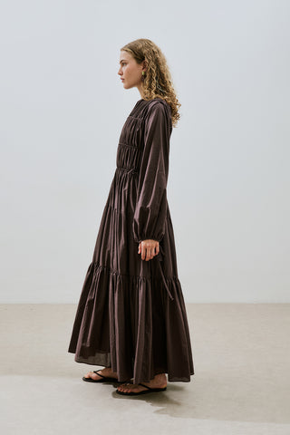 Ruched Tie Long Sleeve Dress Brown