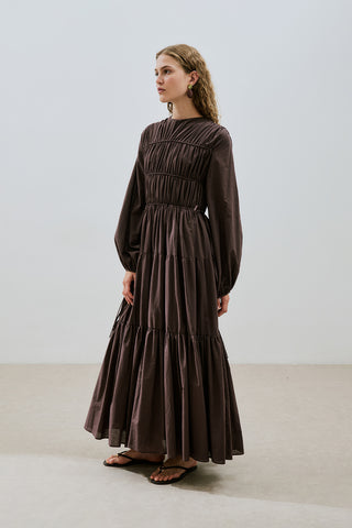 Ruched Tie Long Sleeve Dress Brown