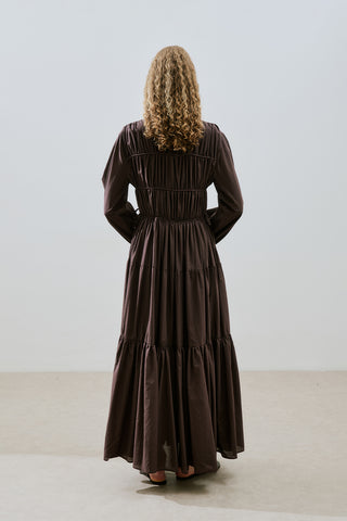 Ruched Tie Long Sleeve Dress Brown