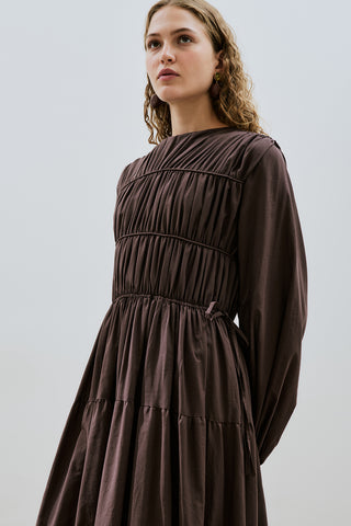 Ruched Tie Long Sleeve Dress Brown