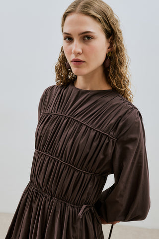 Ruched Tie Long Sleeve Dress Brown