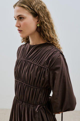 Ruched Tie Long Sleeve Dress Brown