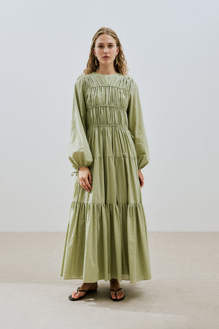 Ruched Tie Long Sleeve Dress Pistachio