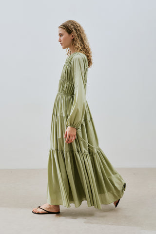 Ruched Tie Long Sleeve Dress Pistachio