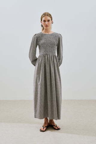 Gingham Smocked Dress Brown