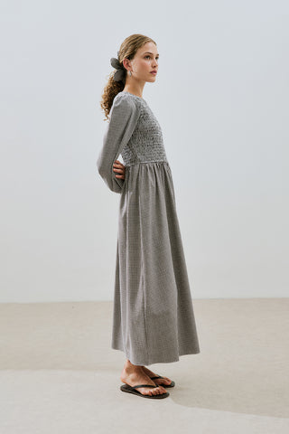 Gingham Smocked Dress Brown