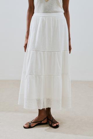 Embroidered Tiered Maxi Skirt Ecru