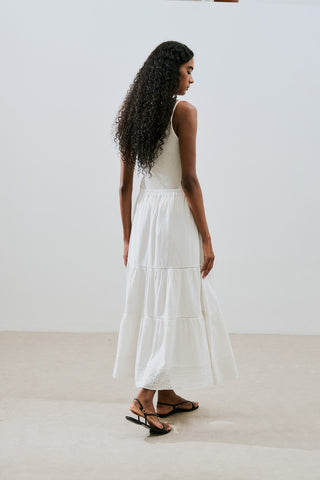 Embroidered Tiered Maxi Skirt Ecru