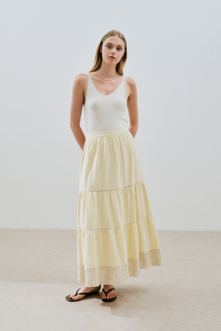 Embroidered Tiered Maxi Skirt Yellow