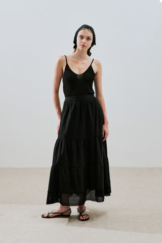 Embroidered Tiered Maxi Skirt Black