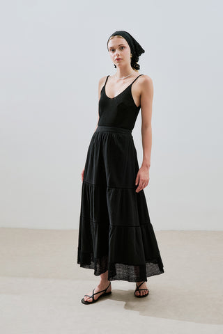 Embroidered Tiered Maxi Skirt Black