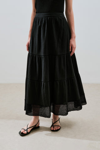 Embroidered Tiered Maxi Skirt Black