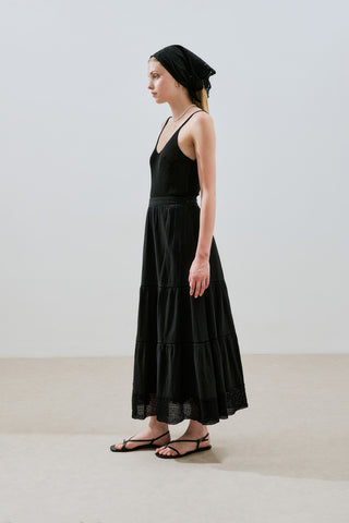 Embroidered Tiered Maxi Skirt Black