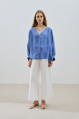 Crushed Linen Button Blouse Blue