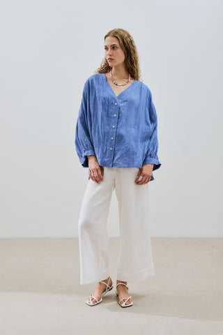 Crushed Linen Button Blouse Blue