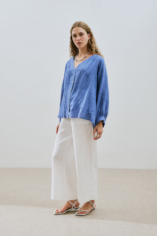 Crushed Linen Button Blouse Blue