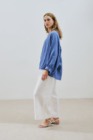 Crushed Linen Button Blouse Blue