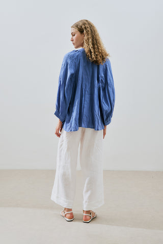 Crushed Linen Button Blouse Blue