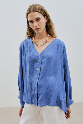Crushed Linen Button Blouse Blue