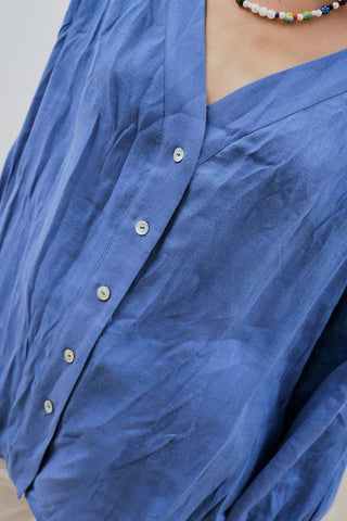 Crushed Linen Button Blouse Blue