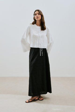 Embroidered Tie Blouse Ecru