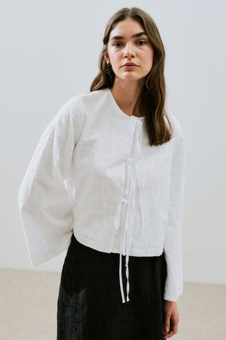 Embroidered Tie Blouse Ecru