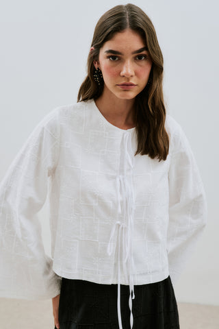Embroidered Tie Blouse Ecru