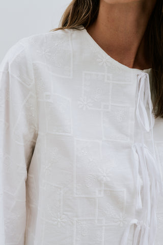 Embroidered Tie Blouse Ecru