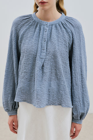 Textured Button-Neck Blouse Blue