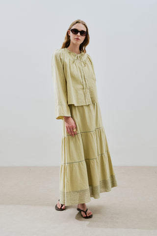 Embroidered Tiered Maxi Skirt Soft Green