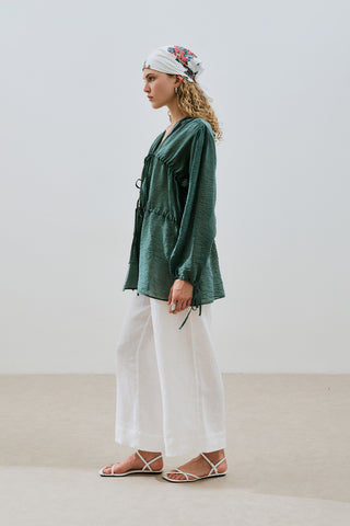 Ruched Tie Blouse Green