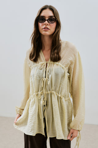 Ruched Tie Blouse Soft Yellow